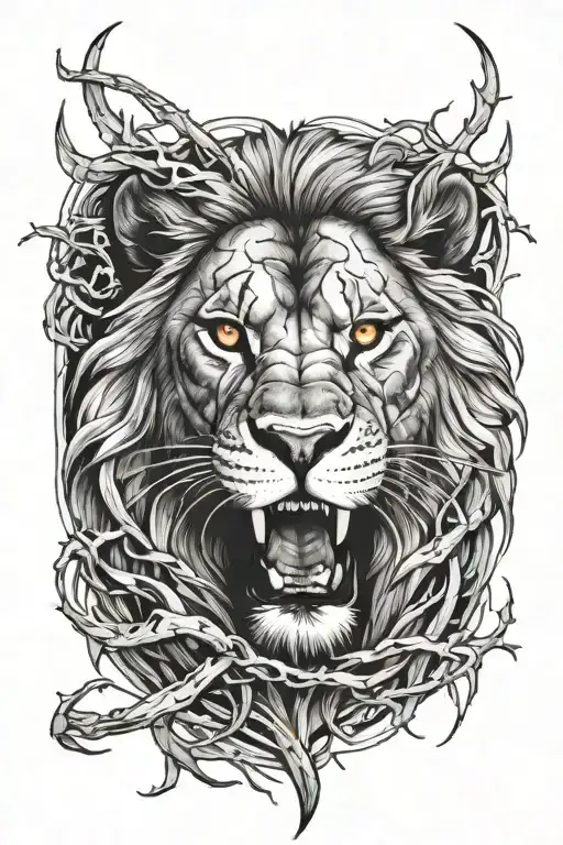 Roaring Lion With Scar On Right Eye With Thorns Around
