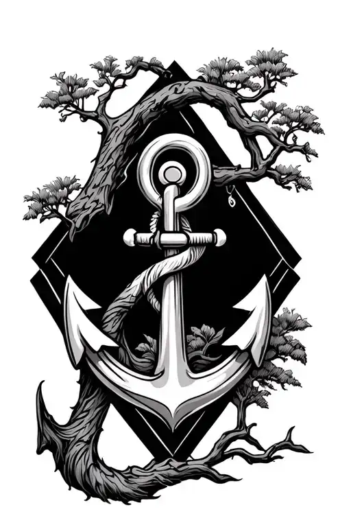 Anchor Connected To Tree Inside A Long Diamond Shaped Line Outlining