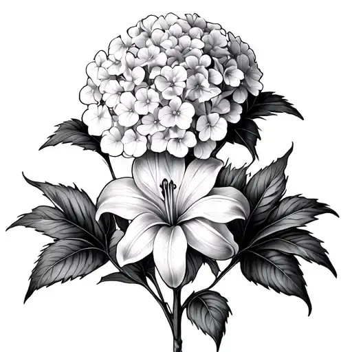 Hydrangea And Lily Flowers Growing Fine Line