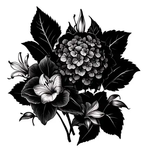 2 Hydrangea Flowers And 3 Lily Flowers Around Fine Line