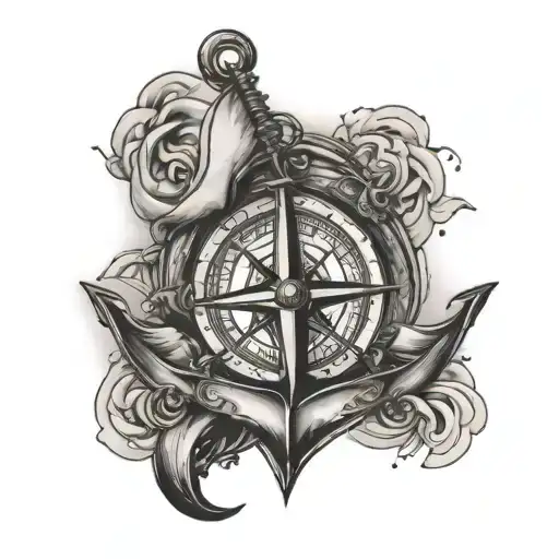 Anchor And Sailboat With Compass Rose Above It