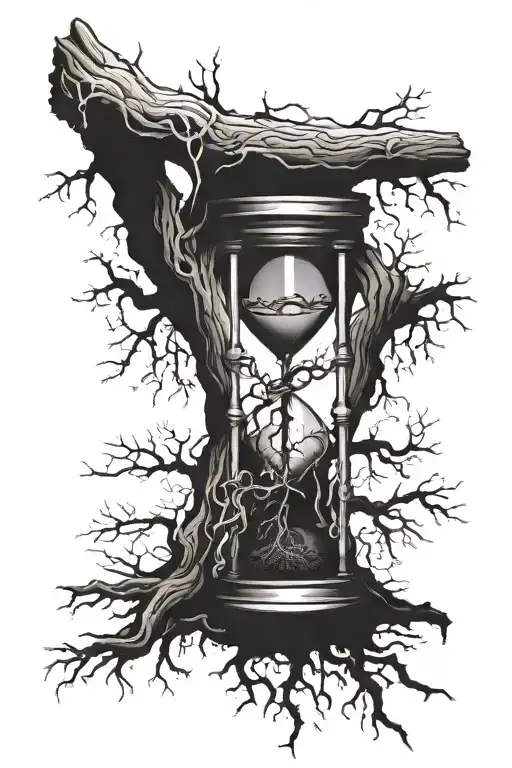 Dead Tree With Broken Hourglass With Roots Growning Through