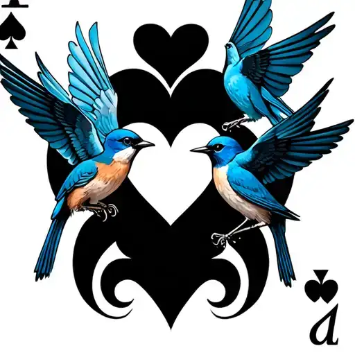 Playing Card With Bluebirds On Each Corner And A Heart In The Middle