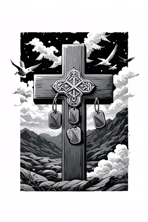 Modern Cross With Dog Tags Hanging Off Of The Cross With Clouds And Birds In The Back Ground