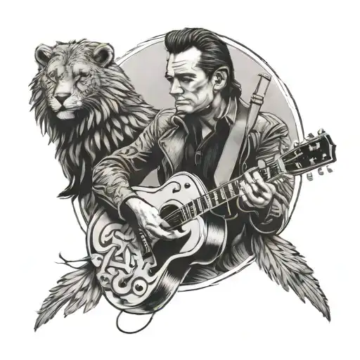 A Portrait Of Johnny Cash Playing A Guitar With A Lion And Eagle Standing Beside Him