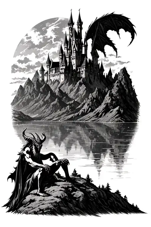 A Demon Sitting On A Mountain With A Lake Landscape And Beahind It A Big Gothic Castle
