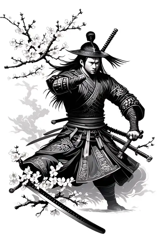 Samurai Warrior Wielding Sword Surround By Cherry Blossom