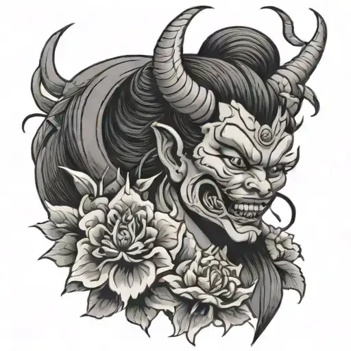 Japanese Oni Demon Girl With Flowers Blooming