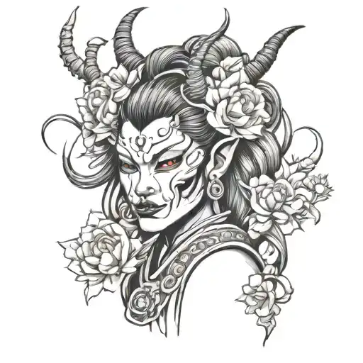 Japanese Oni Demon Girl With Flowers Blooming Flowers