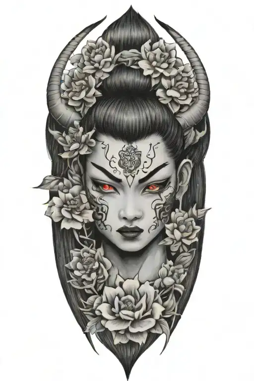 Japanese Oni Demon Girl With Flowers Blooming Flowers