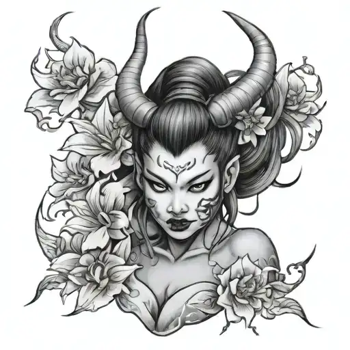 Japanese Oni Demon Girl With Flowers Blooming