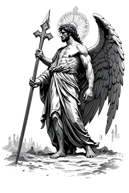 Male Angel At The Gates Of Heaven Holding A Spear That Is A Cross