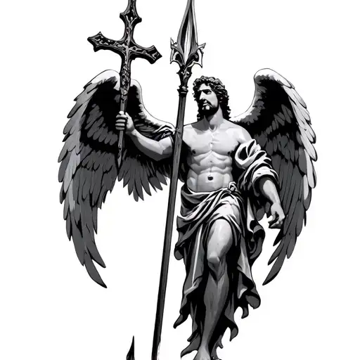 Male Angel At The Gates Of Heaven Holding A Spear Thats A Cross
