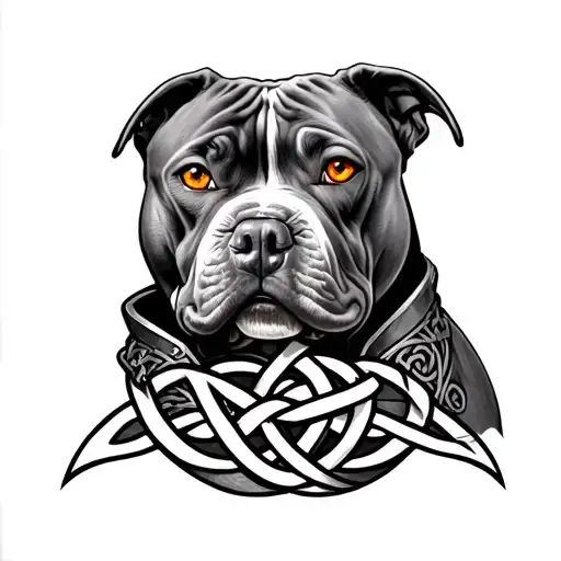 Pittbull With Amber Eyes On Armor Tattoo Design Featuring Celtic Trinity Knot