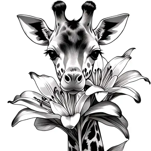 Baby Giraffe And Lily Flower