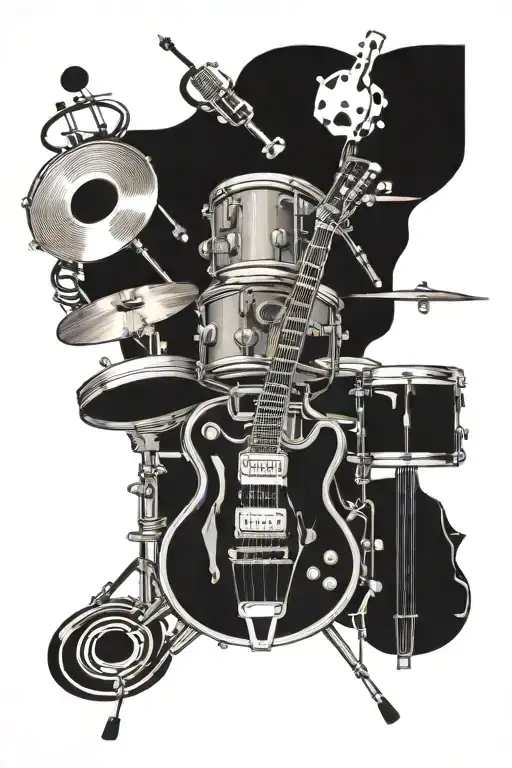 Drums With Musical Notes And Electric Guitar And Bass And Microphone