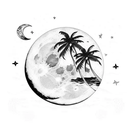 Black And White Moon Stars Sea Beach Palmtrees Night