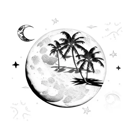 Black And White Moon Stars Sea Beach Palmtrees Night
