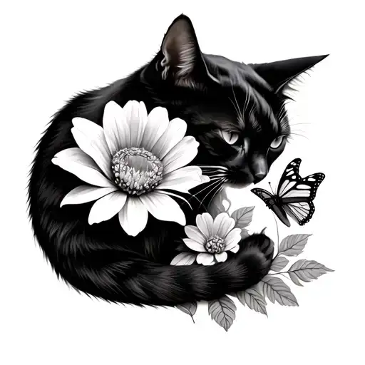 The Cat Sniffs Butterflies Surrounded By A Flower With Leaves Romantically