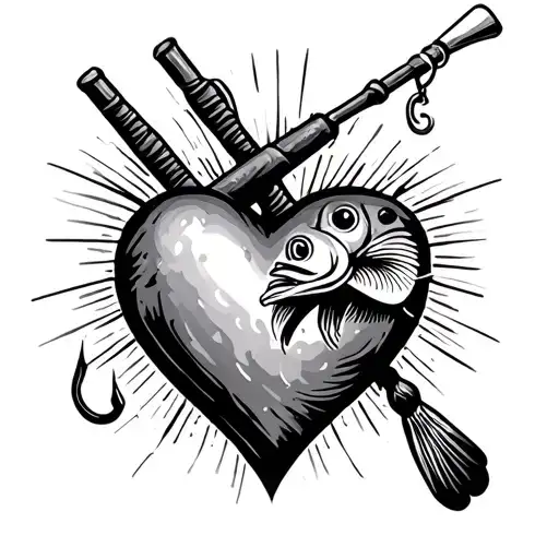 Fishing Pole And Fish Hook Heart With Fishing Line