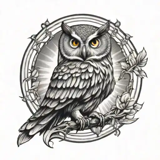 Owl With Sunbeam And Rectilinear Shapes And Surrounded By Circle Of Life