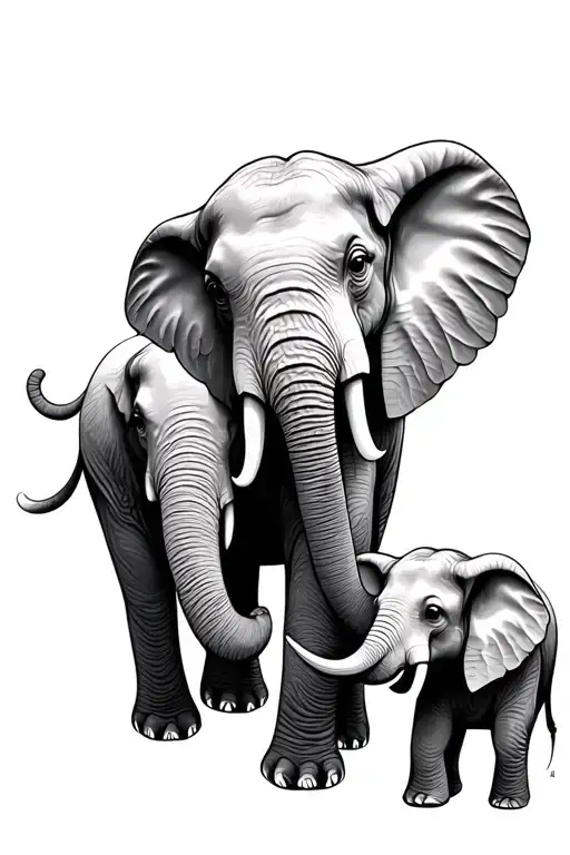 Mom Elephant With Two Baby Elephants Holding Trunks