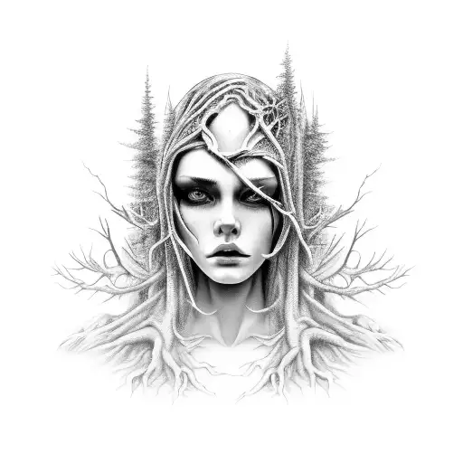 A Hauntingly Beautiful Woman Emerging From A Dark Forest