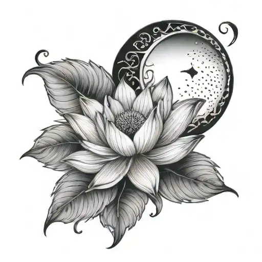 Crescent Moon And Lotus Flower With Phases