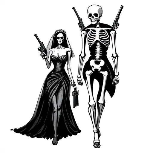 Skeleton With Sombraro And Pistols Walking With Bride