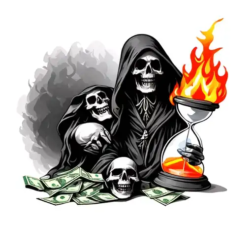 Skulls Money And Hourglass With Fire And Reaper Holding