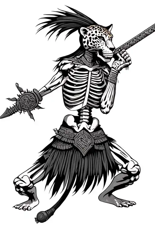 Realistic Human Skeleton Jaguar Warrior Aztec Wielding Macuahuitl