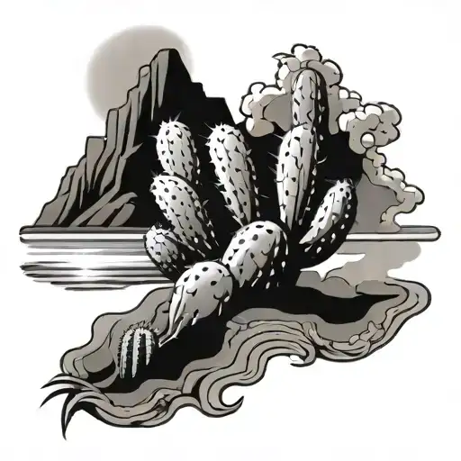 Cactus Making Rock'n'roll Sign With Volcano And Sea