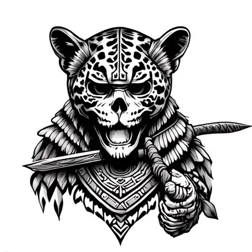 Realistic Human Skeleton Head Jaguar Warrior Aztec Wielding Macuahuitl