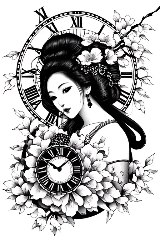 Cherry Geisha In Bloom And Above A Clock