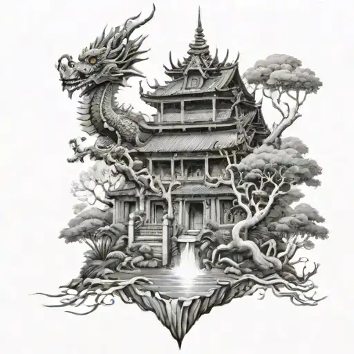 Thailand Temple Surrounded By Water Dragon And Family Tree