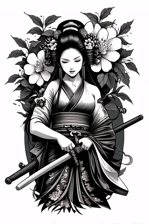 Cherry In Flower Geisha Holding Holding A Katana Sword
