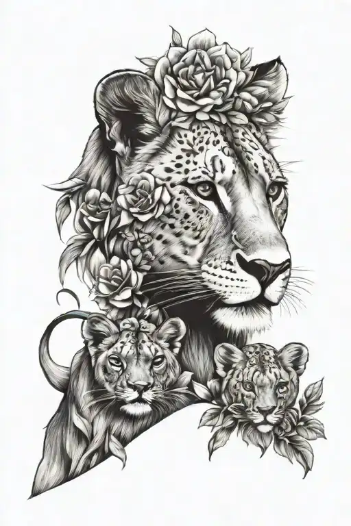 Lioness With Cubs And Flowers