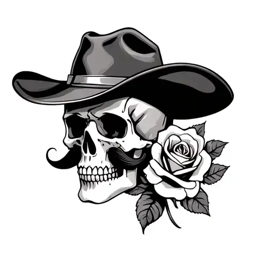 Skull With Mustache Cowboy Hat And Rose Intertwined