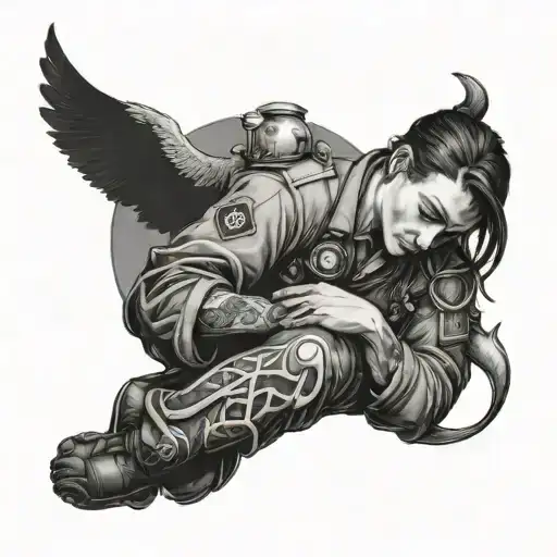 An Intricate Black And Grey Design Of A Paramedic Holding A Moonlit Animal In Their Arms