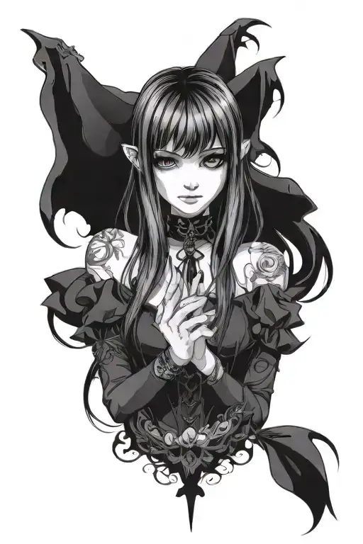 Female Anime Vampire Long Hair Bangs Gothic Dress Detailed Hands