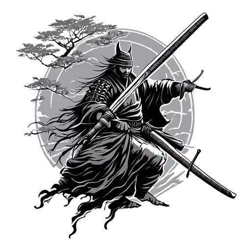 Nature Of Peace With Samurai With Katana Sword