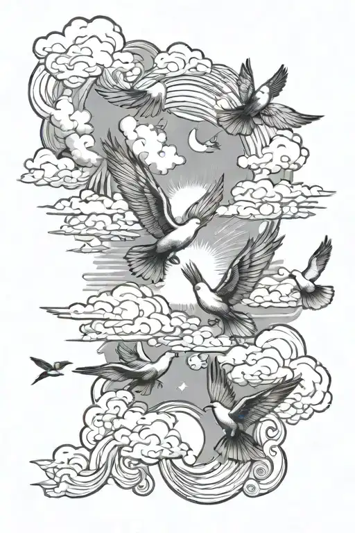 Cloud Background And Doves Flying Towards The Sun