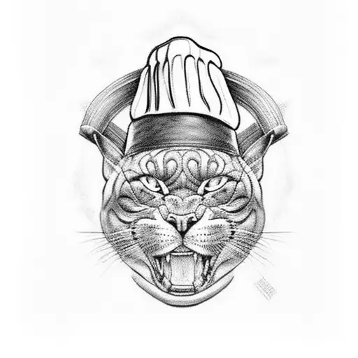 An Intricate Black And Grey Tattoo Of A Chef's Hat Adorned With Panther Patterns