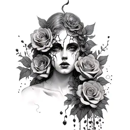 Broken Porcelain Face With Cascading Roses Down Arm