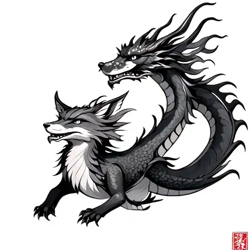 Dragon Chinese Stylised With Fox And Wings Spread