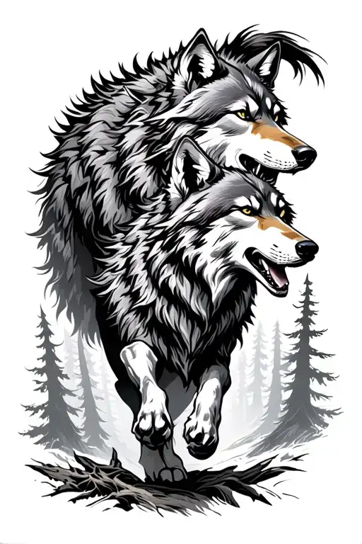 Odins Wolfs Running In Forest