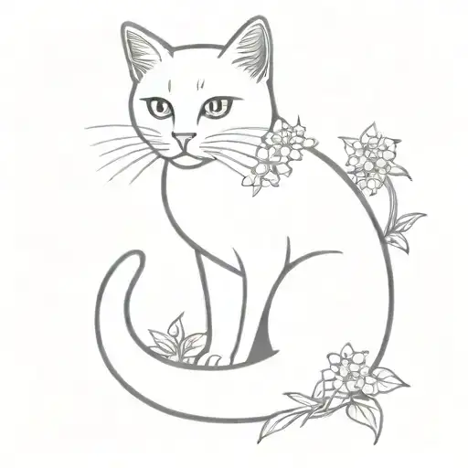 Cat Sketch Next To Forget-me-not Flower