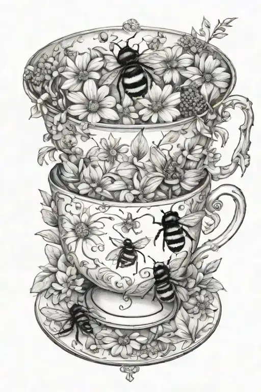 Teacup With Bumblebees And Wildflowers Growing