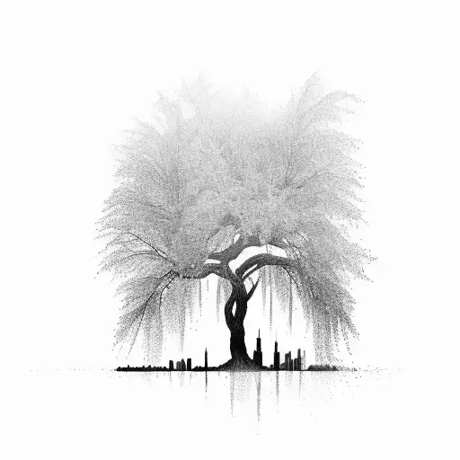 A Silhouette Of The Chicago Skyline With A Willow Tree Growing Out Of It