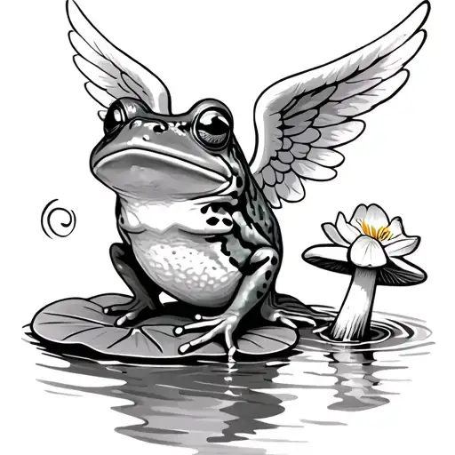 Frog With Angel Wings On A Lilly Pad With Mushroom